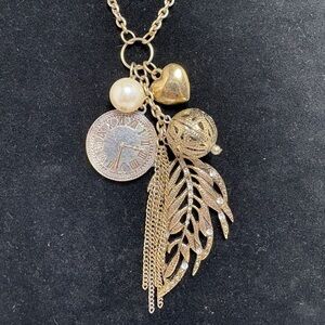 Long Avenue Gold Tone Leaf, Clock and Pearl Necklace